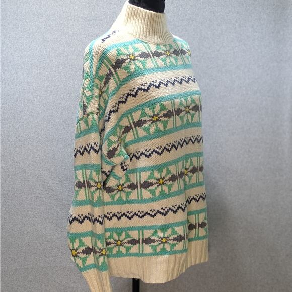 American Eagle Oversized Fair Isle Mock Neck Sweater Green Cream Floral Women S - Picture 13 of 16